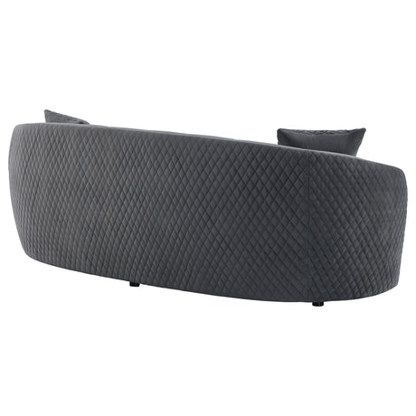 Main front view of Brookside curved velvet sofa in dark grey