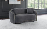 Side profile of Brookside dark grey velvet curved loveseat with gold trim