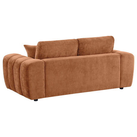 Side view of Burnett loveseat in burnt orange fabric