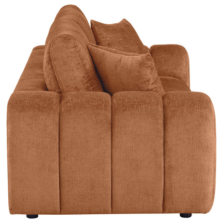 Front angle of Burnett chenille upholstered sofa burnt orange