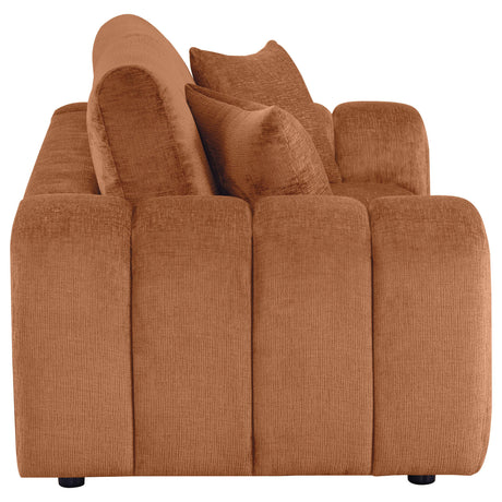 Top view of Burnett chenille loveseat cushions and arm