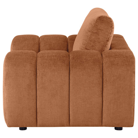 Wooden legs and base of the Burnett accent chair