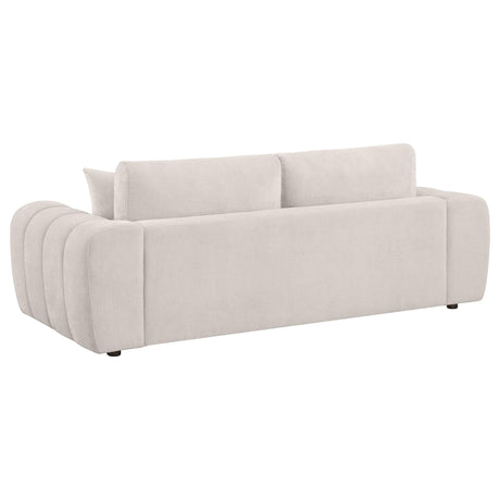 Close-up detail of Burnett ivory chenille upholstery and seat cushions
