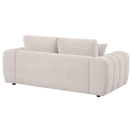Wooden legs and sturdy frame of loveseat