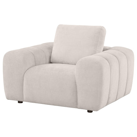 Close-up of ivory chenille upholstery and oversized arm