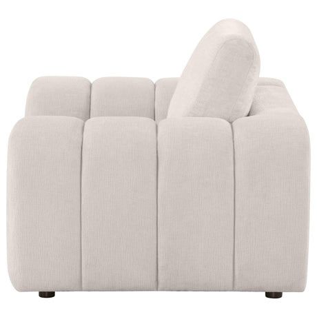 Burnett chair showing deep seating and wooden legs