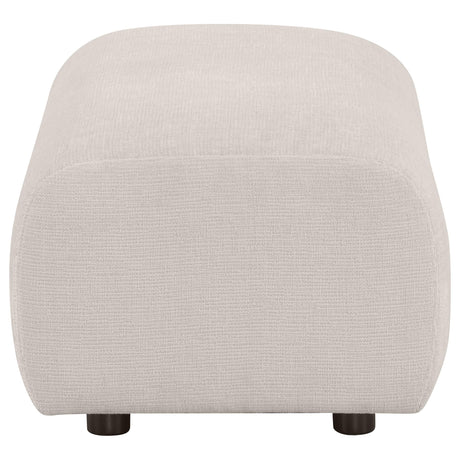 Close-up of ivory chenille fabric upholstery on ottoman