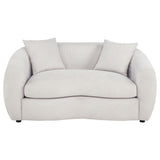 Side view of Isabella sand loveseat with black legs
