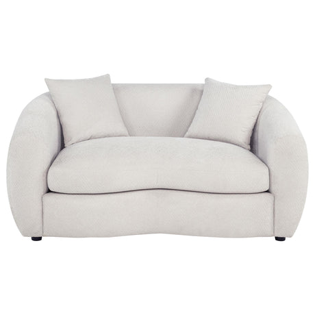 Side view of Isabella sand loveseat with black legs