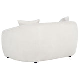 Black plastic legs supporting low loveseat frame