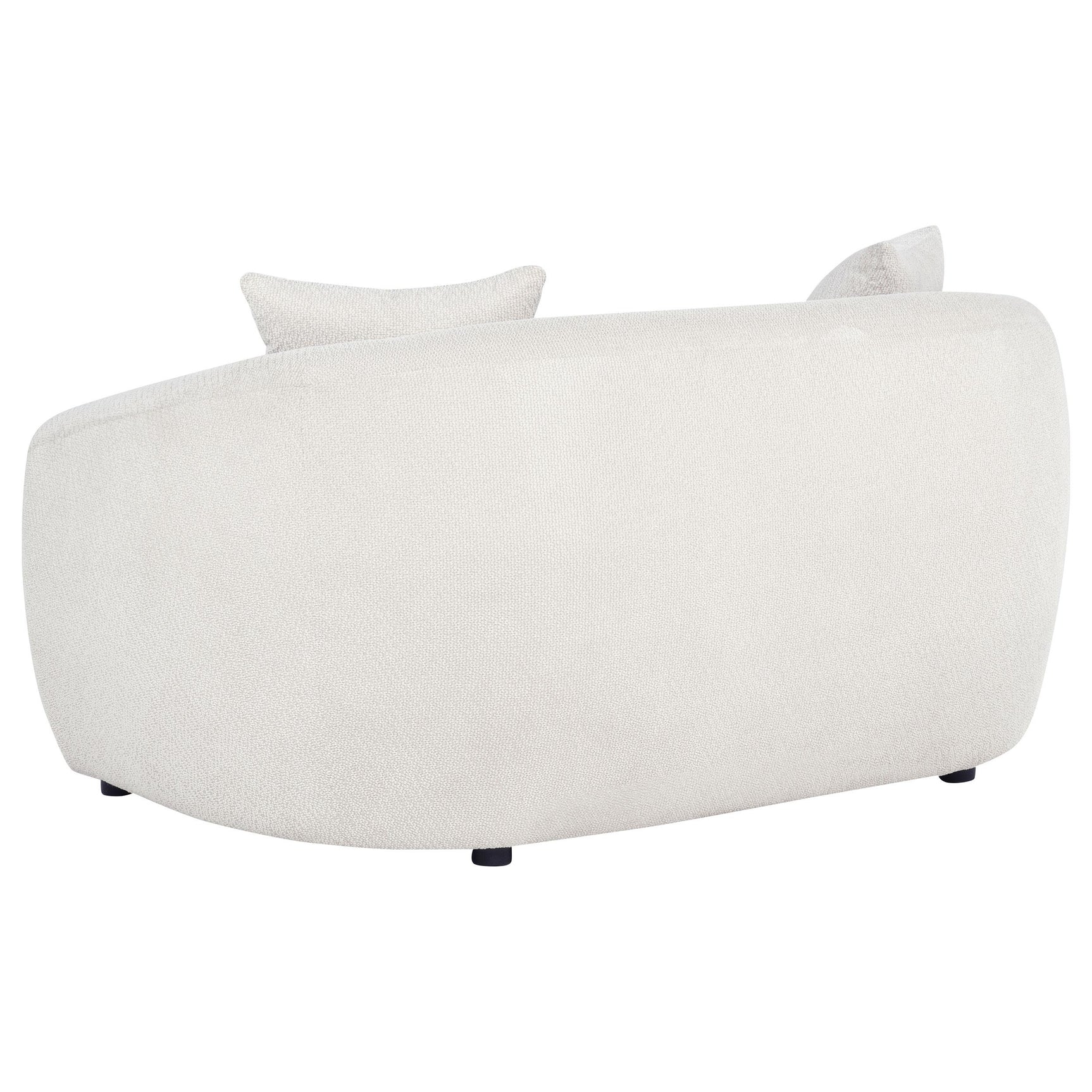 Black plastic legs supporting low loveseat frame