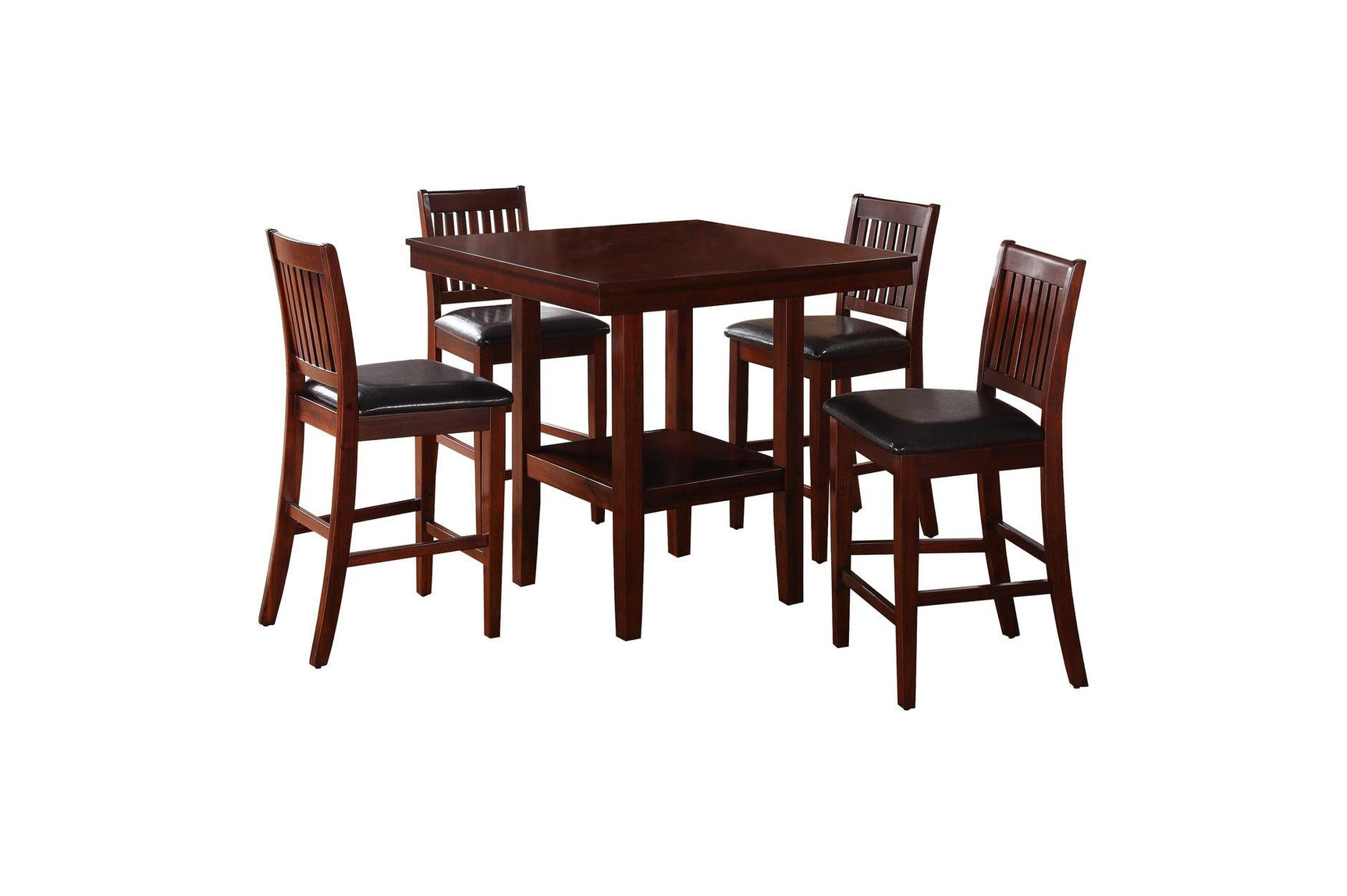 close-up detail of brown faux leather seat and wood finish on Galena dining set