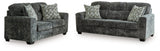 detail view of upholstery and design on Lonoke Gunmetal Sofa and Loveseat