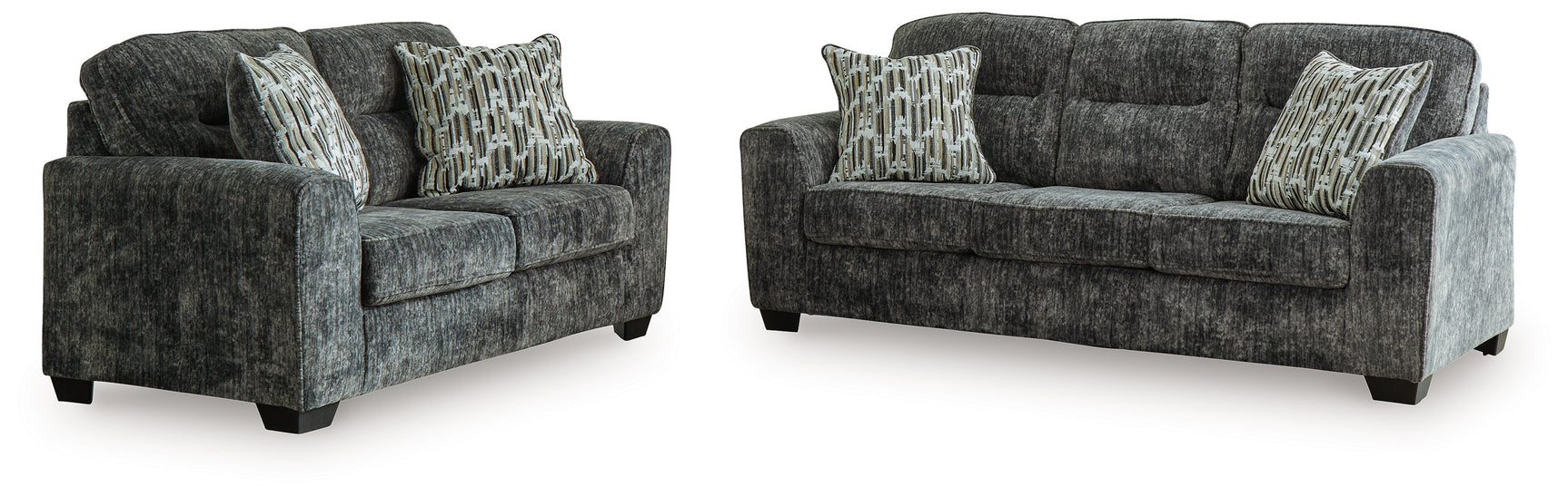 detail view of upholstery and design on Lonoke Gunmetal Sofa and Loveseat