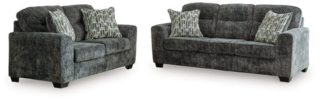 detail view of upholstery and design on Lonoke Gunmetal Sofa and Loveseat