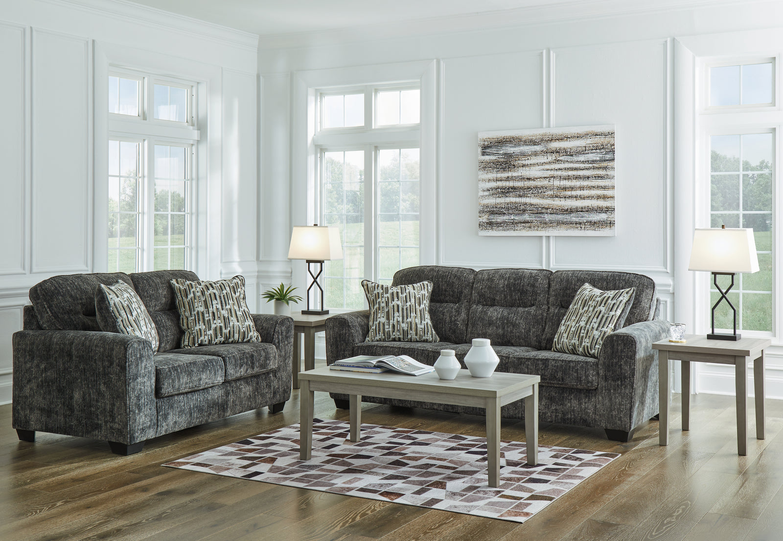 main view of Lonoke Gunmetal Sofa and Loveseat furniture