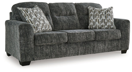 Close-up of gunmetal velvet upholstery on the Lonoke Sofa