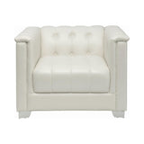 Rear angle of Chaviano Ottoman with pearl white leatherette