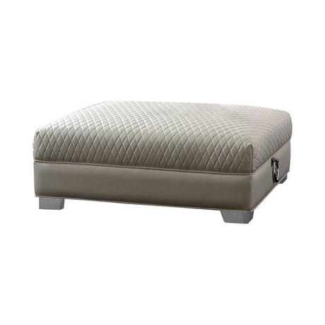 Chaviano Pearl White Upholstered Ottoman angled view showing tufted top
