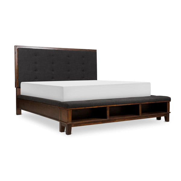 Brown queen panel bed with tufted headboard side view