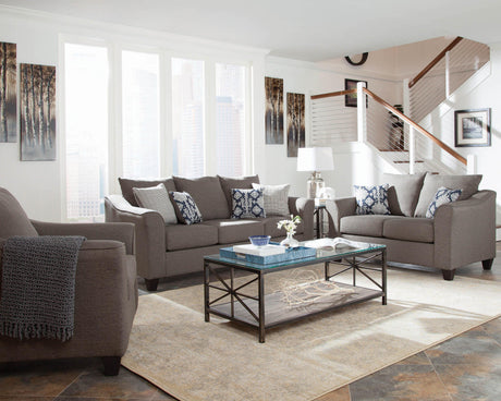 Salizar Grey Flared Arm Chair angled with flared arm detail