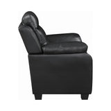 Finley black tufted upholstered sofa angled side view