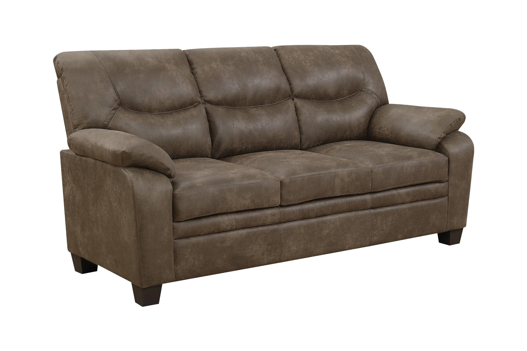 Meagan Upholstered Sofa Brown With Pillow Top Arms - Ella Furniture