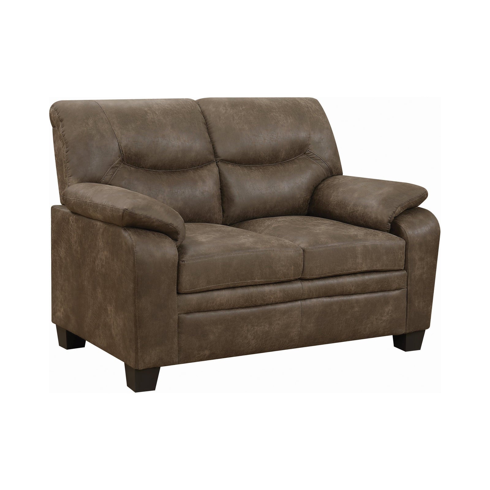Meagan Upholstered Loveseat Brown With Pillow Top Arms - Ella Furniture