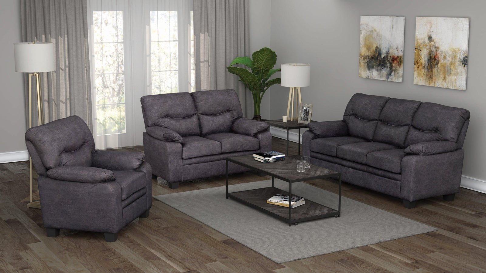 Meagan Charcoal Upholstered 3 Pc (Sofa + Loveseat + Chair) - Ella Furniture