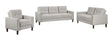 Beige upholstered loveseat with tufted back and track arms, front view