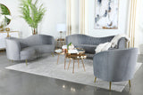 Sophia Upholstered Loveseat With Camel Back Grey And Gold - Ella Furniture