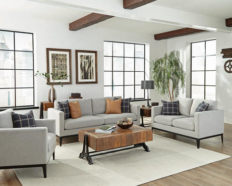 Front view of Contrary Grey Upholstered 3-Piece living room set