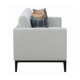 Close-up detail of grey fabric upholstery on Contrary 2-Piece Set