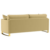 Side angle of Corliss loveseat camel velvet upholstery
