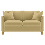 Main sofa view showing camel velvet upholstery