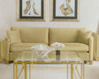 Side view of Corliss camel fabric curved track arm sofa