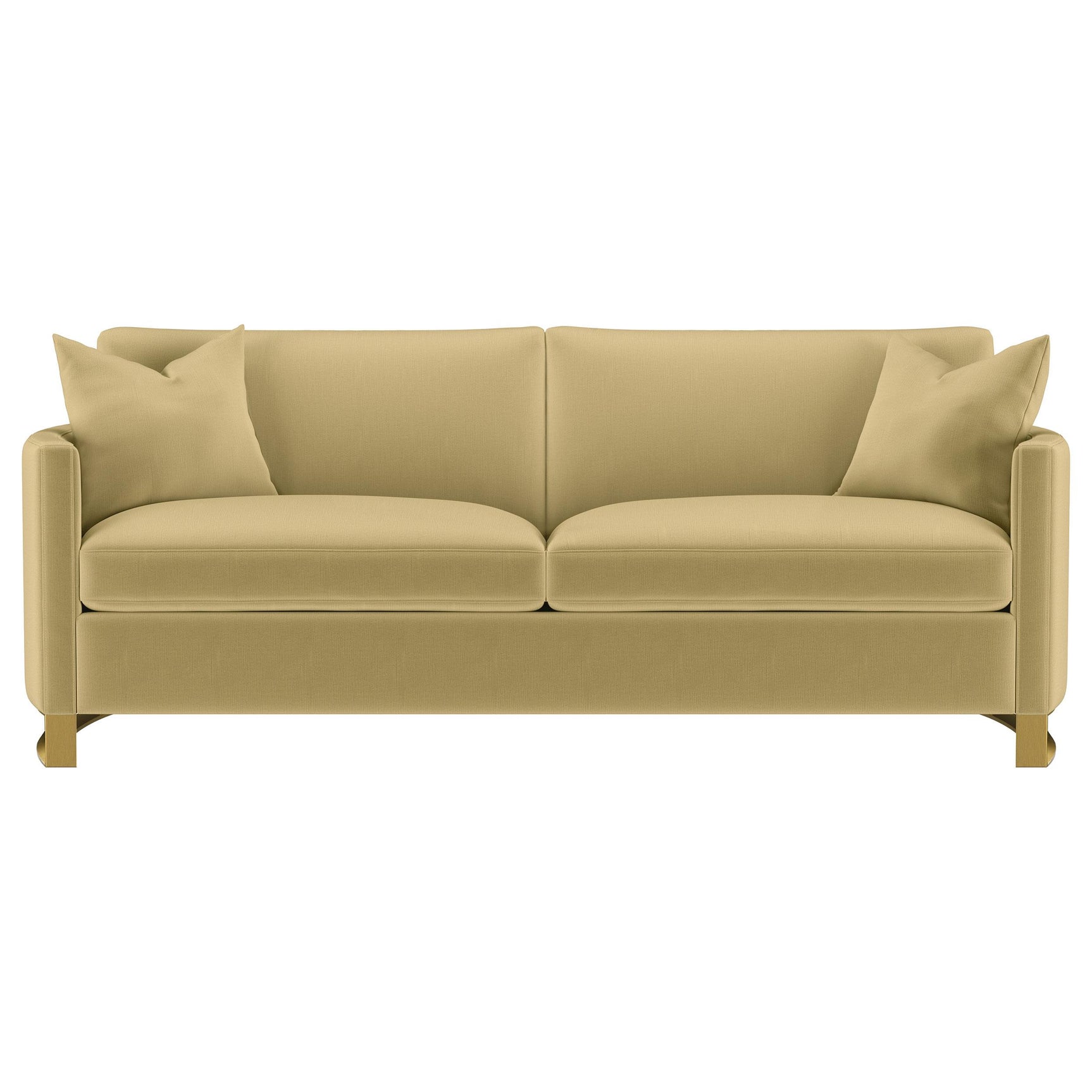 Close-up detail of the camel velvet upholstery on Corliss sofa