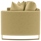 Side angle of Corliss camel fabric sofa showing track arm design