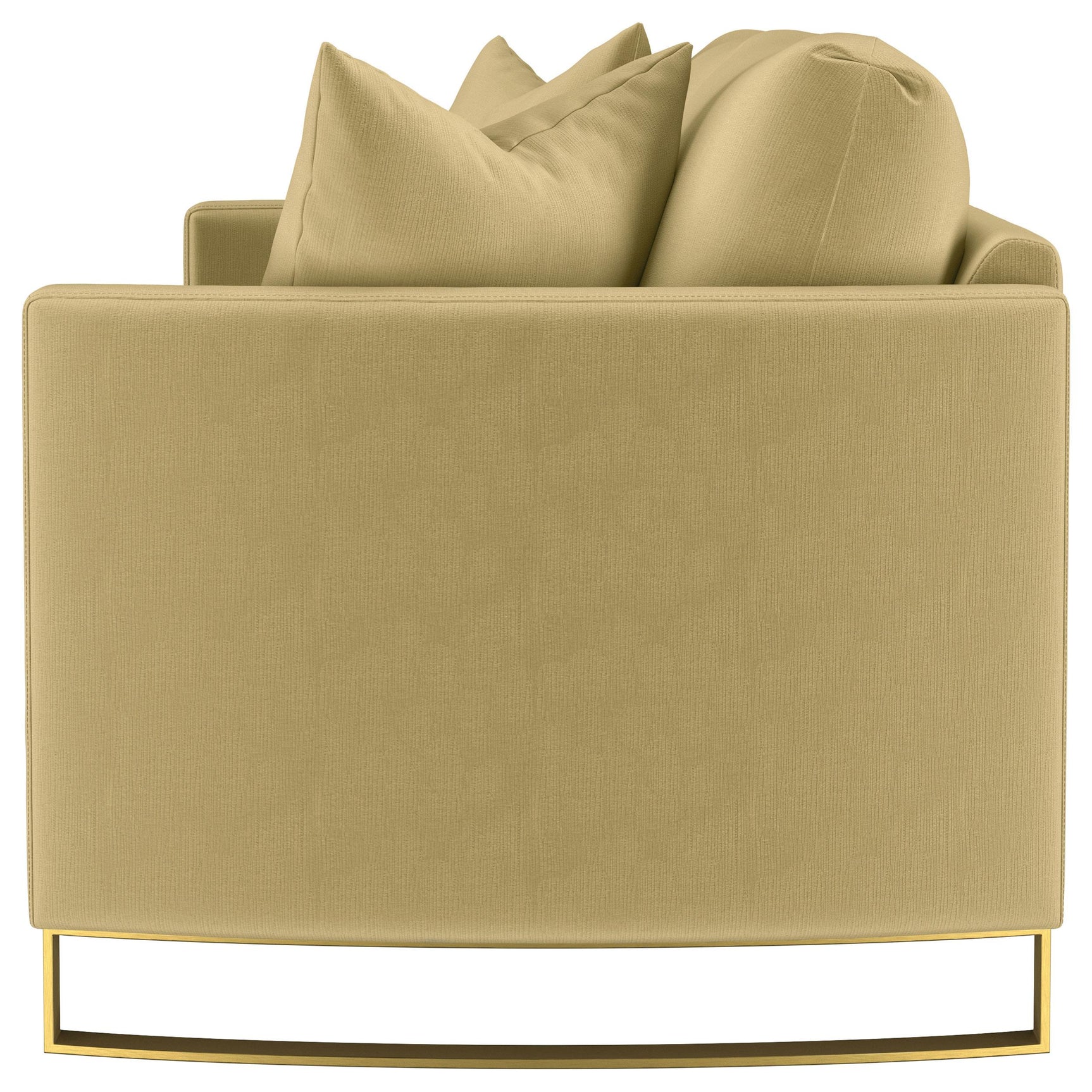 Side angle of Corliss camel fabric sofa showing track arm design