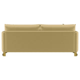 Main front view of Corliss upholstered camel sofa