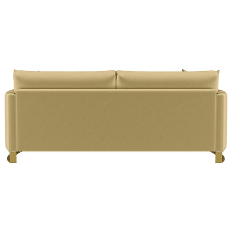 Main front view of Corliss upholstered camel sofa