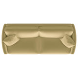 Front view of Corliss curved track arm sofa in camel velvet