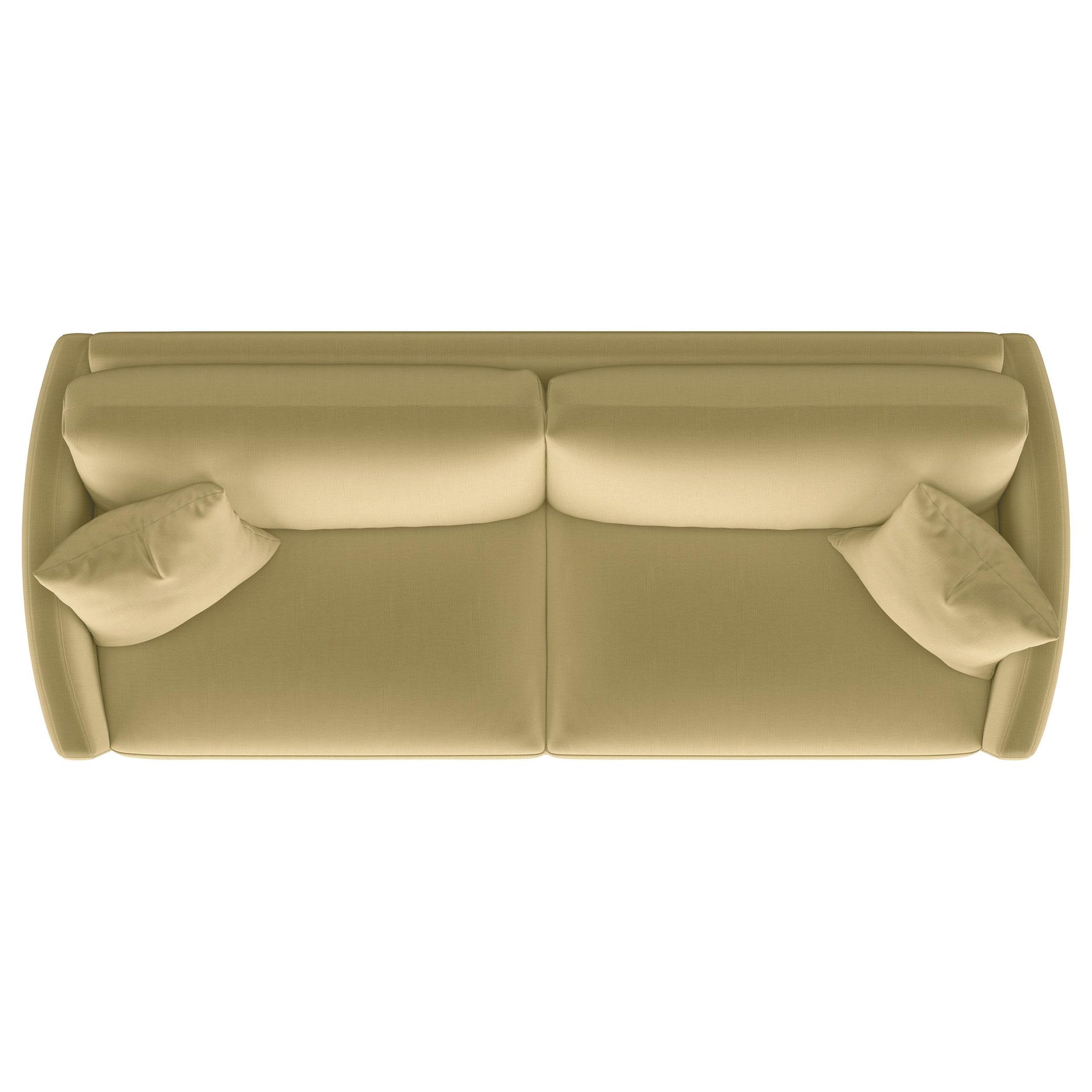Front view of Corliss curved track arm sofa in camel velvet
