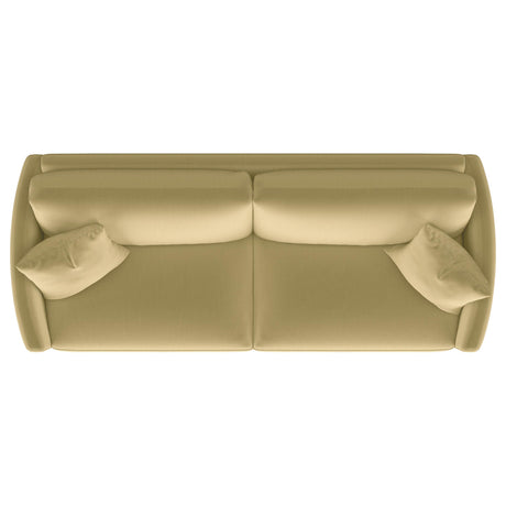 Front view of Corliss curved track arm sofa in camel velvet