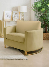 Side angle of Corliss Upholstered Curved Track Arm Chair showing curved arms and gold legs