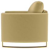 Corliss Upholstered Curved Track Arm Chair in camel velvet, angled view
