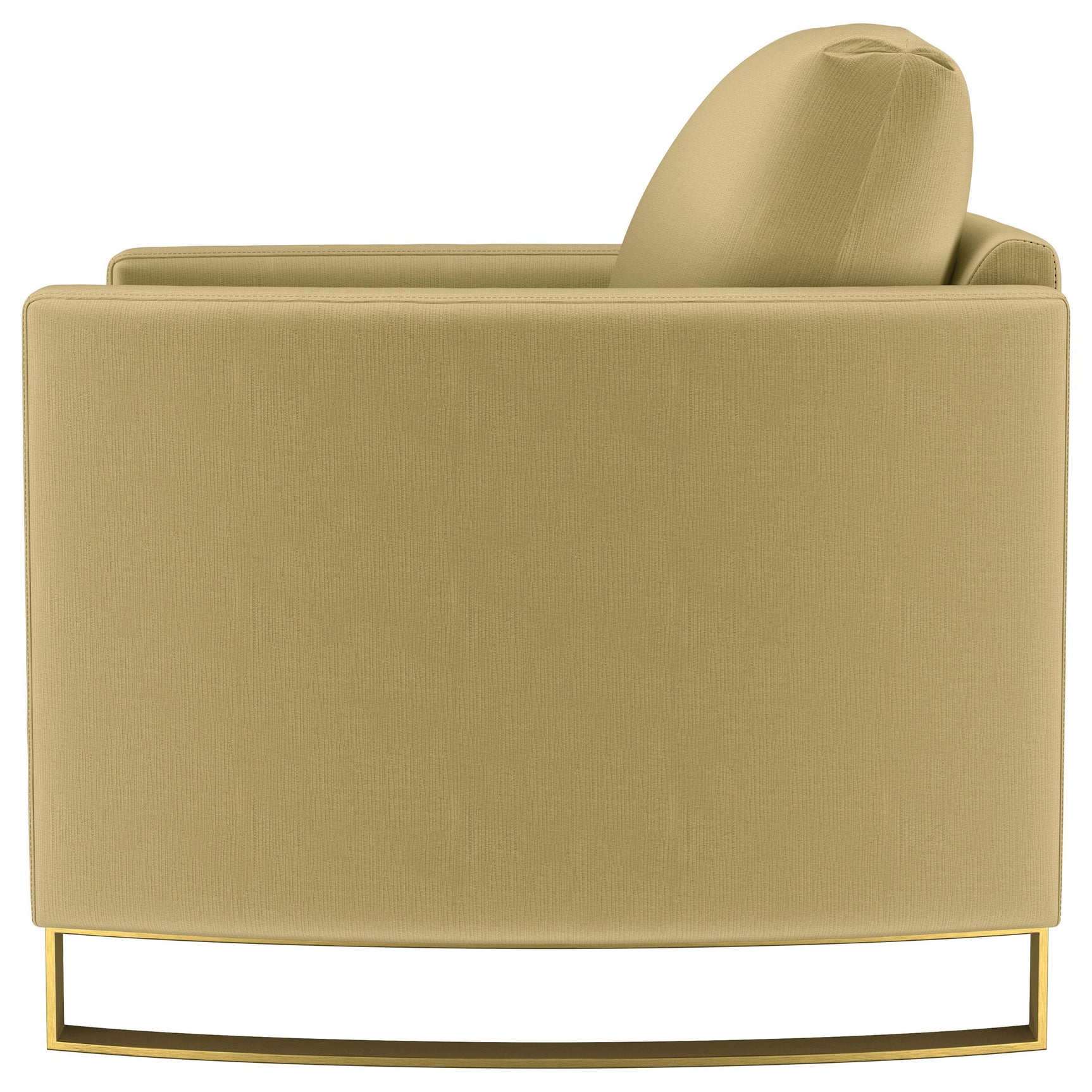 Corliss Upholstered Curved Track Arm Chair in camel velvet, angled view