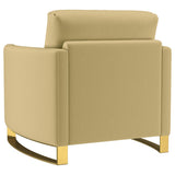 Corliss Upholstered Curved Track Arm Chair in camel velvet, angled view