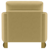 Corliss Upholstered Curved Track Arm Chair in camel velvet, angled view