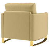Corliss Upholstered Curved Track Arm Chair in camel velvet, angled view
